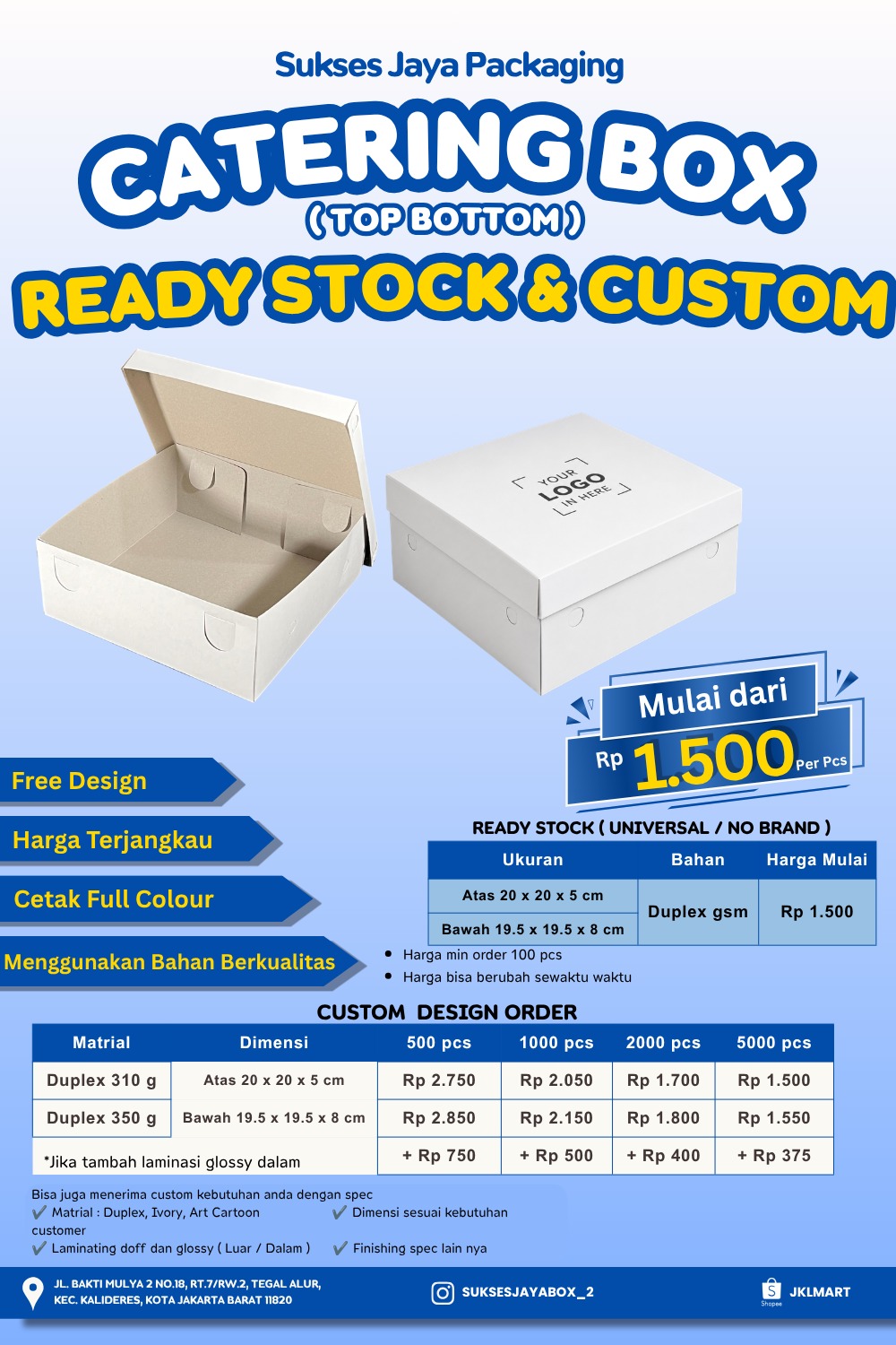 500pcs Custom Catering Box Top Bottom Uk. 20x20x2,5cm (Tutup) dan Uk. 19x19x8cm (Box) ( Opsi : dc310/dc350 , laminating / non laminating) - Gambar 2