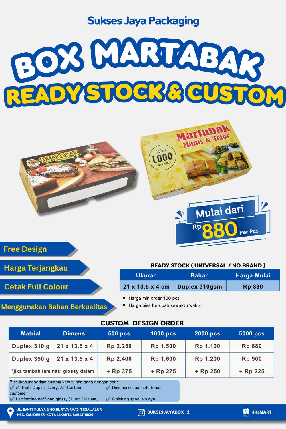 500pcs Custom Dus Martabak uk. 21x13,5x4cm ( Opsi : dc310/dc350 , laminating / non laminating) - Gambar 2