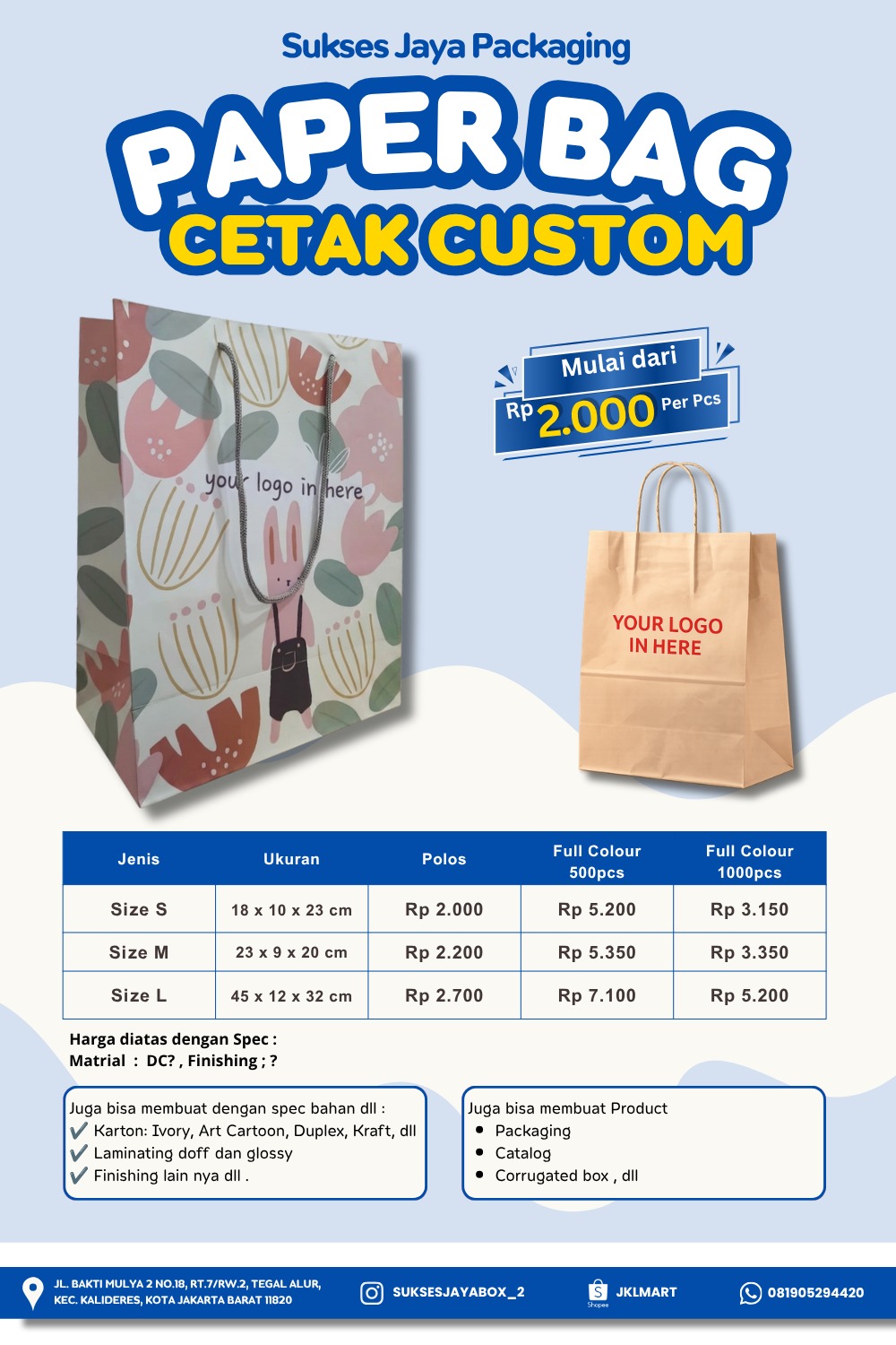 500pcs Custom & Polos Paper Bag ( Opsi : S / M / L, Polos / Full Colour) - Gambar 2